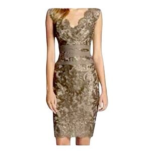 Tadashi Shoji Taupe Lace Fitted Scallop Dress 4